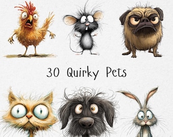 Quirky Pets Clipart Bundle, Funny Pet PNG Set, Cute Weird Animal Illustrations, Digital Pet Clipart