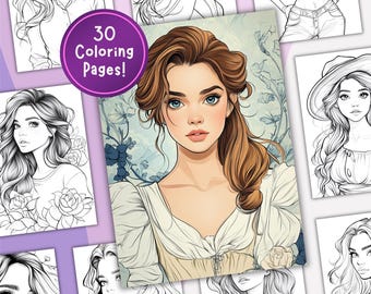 かわいい女性の塗り絵、ディズニー風、デジタルダウンロード、印刷可能なシート、十代の若者と大人のためのストレス解消