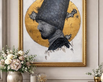 Sufi Whirling Dervish Gold Leaf Painting | Rumi Inspired Islamic Wall Art Canvas