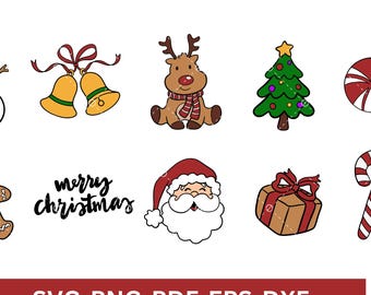 Kerst Svg-bundel | Kerstman, sneeuwpop, rendier, bellen, boom, peperkoek | Vakantie gesneden bestanden voor Cricut silhouet Png Eps Dxf Pdf