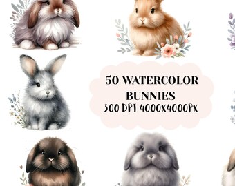 Watercolor Bunny Clipart Bundle, 50 PNG Easter Rabbits (Digital Download)