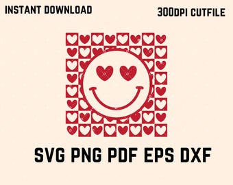 Retro Smiley Face Valentine SVG, Heart Eyes, Happy Face Cut File (Digital Download)