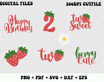 Strawberry 2nd Birthday SVG Bundle, Two Sweet Birthday PNG, Berry Cute Girl Birthday Shirt Design, Strawberry Cut File, Cricut SVG