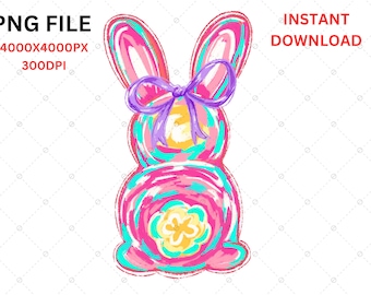Brushstroke Easter Bunny PNG, Retro Pink Bow (Digital Download)