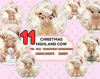 Christmas Highland Cow PNG, Bauble Decor (Digital Download)