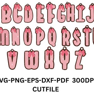 May include: Pink alphabet letters with a bow on top. Each letter is a different shape and has a dark brown outline. The letters are arranged in rows and columns. The image also includes the text "SVG-PNG-EPS-DXF-PDF 300DPI CUTFILE."