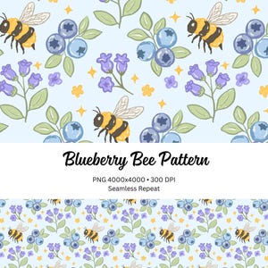 May include: A seamless pattern featuring bees, blueberries, and purple flowers on a light blue background. The design includes the text "Blueberry Bee Pattern". The pattern is repeated and suitable for various applications.