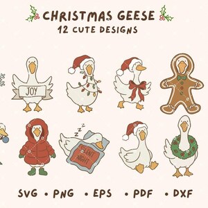 May include: A digital illustration set titled CHRISTMAS GEESE 12 CUTE DESIGNS featuring twelve white geese in various holiday outfits and poses, including a gingerbread goose, a snowman goose, and geese with Christmas trees, wreaths, and lights.