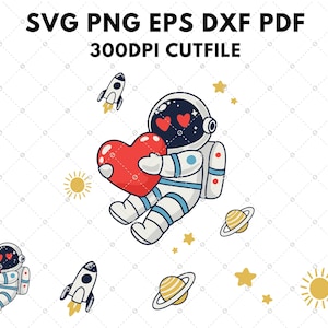 Astronaut Valentine SVG, Weltraum Liebe SVG, niedlicher Astronaut mit Herz geschnitten Datei, Galaxy Valentine PNG, Rakete Liebe Clipart, Dateien für Cricut