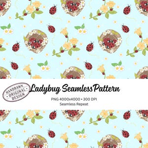 Pode incluir: Um padrão sem costura com joaninhas vermelhas, ninhos, flores amarelas e margaridas brancas em um fundo azul claro. O texto "Ladybug Seamless Pattern" é exibido. O design é rotulado como "Handrawn Original Design".
