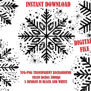 グランジ スノーフレーク SVG PNG、ディストレスト スノーフレーク SVG PNG、素朴なスノーフレーク、デジタル ダウンロード、白黒、ディストレスト クリスマス SVG、インスタント