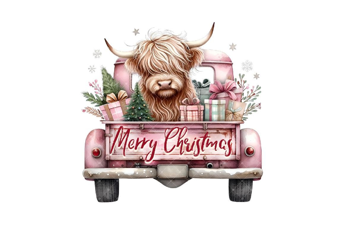 Highland Cow in Christmas Truck Png, Pink Highland Cow Png, Cow Png, Christmas Cow Png, Cute Highland Cow Png, Christmas Animal Decor Png,