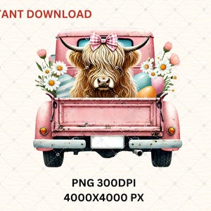 Highland Cow Easter Spring Truck  PNG, Easter Farmhouse Digital Art, Floral Sublimation Clipart 300 DPI, Spring Farmhouse Decor Png, Cow Png