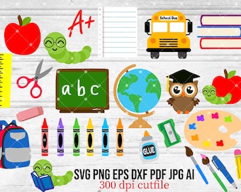 Kawaii Schulbedarf Clipart, Buntstifte, Bleistifte, Bücherwurm (svg, png, eps, dxf, pdf, jpg, ai)