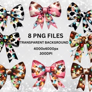 May include: Eight digital illustrations of cow print bows with colourful lights. The bows are in various colours, including pink, brown, and black. The lights are in various colours, including red, green, yellow, and blue. The background is a white, sparkly background.