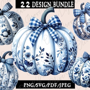 May include: A set of 22 digital designs featuring blue and white porcelain pumpkins with blue and white gingham bows. The designs are perfect for crafting, scrapbooking, and other creative projects. PNG, SVG, PDF, and JPEG formats are included.