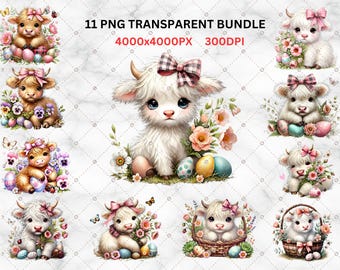 Floral Highland Cow PNG Clipart Bundle | Farm Animal Easter Graphics (Digital Download)
