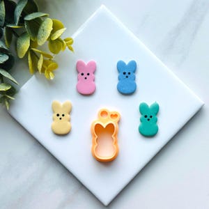 May include: Five pastel-colored bunny-shaped cookie cutters, including pink, blue, yellow, and green. One cutter is a light orange color and is in the shape of a bunny with a heart on its head.
