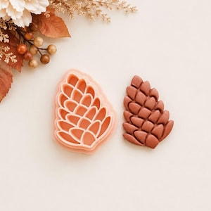 Puede incluir: Un cortador de galletas en forma de piña de color melocotón claro y una pieza recortada a juego en forma de piña de color terracota. El cortador presenta un patrón de rejilla detallado, mientras que la pieza recortada muestra un diseño sólido.