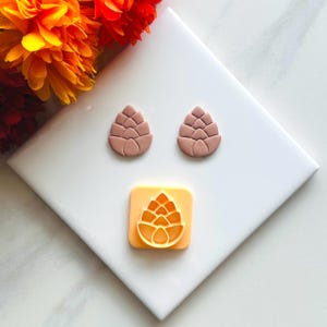 May include: Two brown polymer clay pine cone earrings and a matching orange polymer clay pine cone mold.