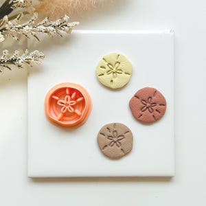 May include: An orange sand dollar-shaped cookie cutter and three sand dollar-shaped clay pieces in yellow, red-brown, and brown. The cutter and clay pieces have a floral design. The items are on a white surface.