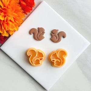 May include: Two brown and two orange squirrel-shaped cookie cutters on a white surface. The cookie cutters are made of plastic and are designed to cut out cookies in the shape of a squirrel.