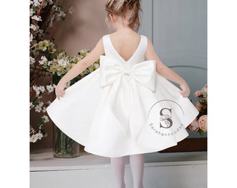 Big bow white satin flower girl dress, toddler wedding dress, junior bridesmaid girl dress for wedding party, baptism christening dress