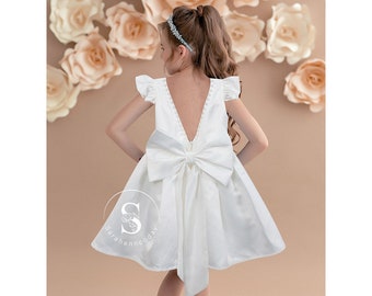 Vestido de niña de flores satinadas, vestido de niña de tul de encaje blanco satinado de encaje, vestido de niña de flores de encaje satinado bebé, vestido de niña de flores rústico, vestido de comunión