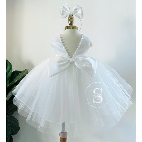 Ivory 4 Layer Pearl Tulle V-Back Knee Length Wedding Flower Girl Summer Easter Elegant Birthday Photoshoot Trendy Communion Baptism Dress