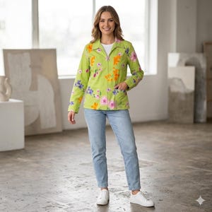 May include: A lime green zip-up jacket with a floral pattern featuring pink, orange, and purple flowers. The jacket has a collar and pockets. The person is wearing light blue jeans and white sneakers.