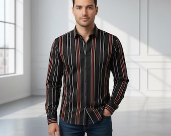 Monzini Collection Button Up Shirt Mens XL Black Striped Vintage USA Cuff Link