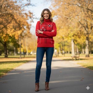 May include: A red turtleneck sweater with a white and black geometric pattern is worn with blue jeans and brown boots. The person is standing on a paved path in a park with trees in the background.