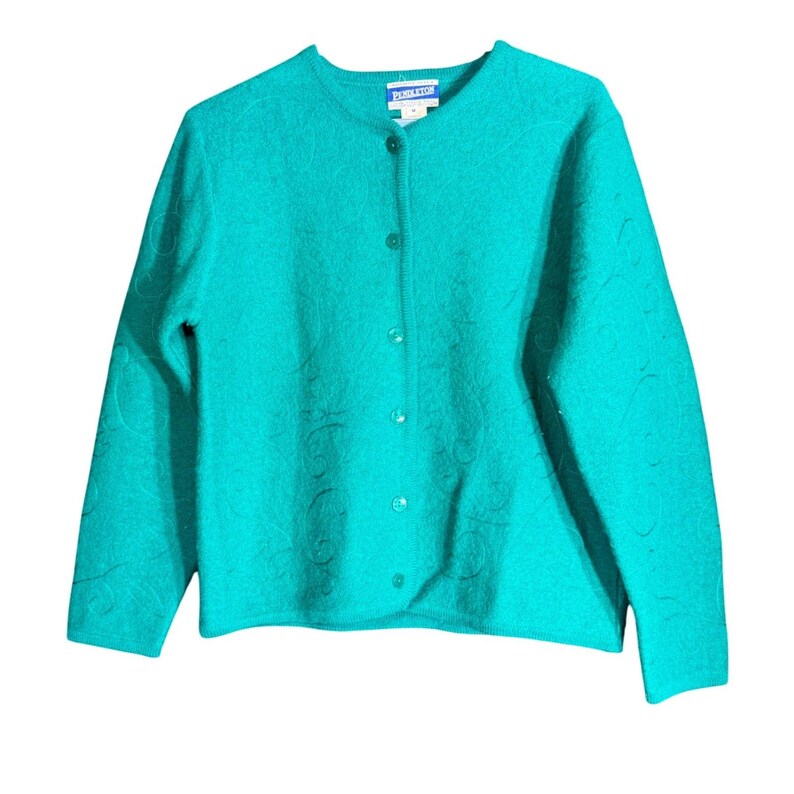 Vintage Pendleton Womens Size Medium Wool Cardigan Sweater Teal Green Embroidery image 2