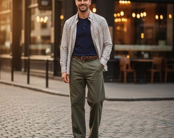 Haband Duke Vintage Belted Chinos Mens 32 Beige Casual Flat Front Dress Pants