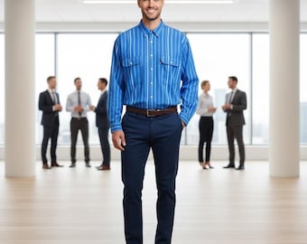 Camisa clásica Levis de los años 90 para hombre, talla XL, con etiqueta plateada y botones, a rayas azules.