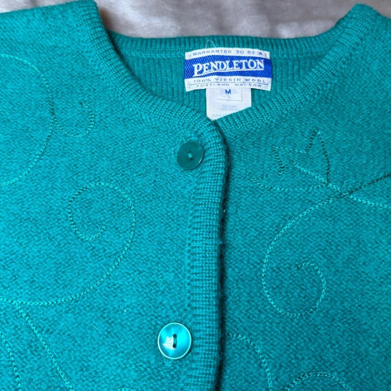 Vintage Pendleton Womens Size Medium Wool Cardigan Sweater Teal Green Embroidery image 7