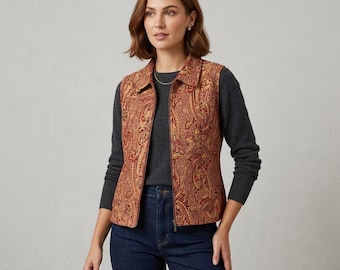 Vintage CJ Banks Womens 2X Plus Size Paisley Tapestry Vest Zip Up Red Gold Boho