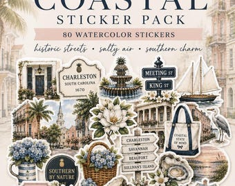 80 Charleston & Savannah Coastal Stickers | Lowcountry  Sticker Bundle | Southern Aesthetic Digital Stickers | Planner Journal