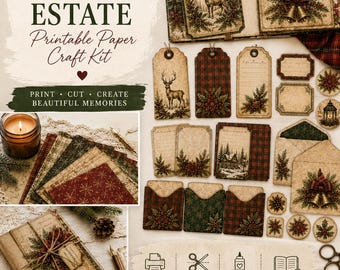 Vintage Christmas Junk Journal Kit, Printable Christmas Ephemera, Christmas Scrapbook Paper, Country Estate Paper Craft Kit, JPG Download