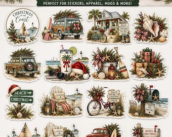 Coastal Christmas Clipart Bundle, 15 Christmas PNGs, Beach Christmas Clip Art, Nautical Holiday PNG, Coastal Christmas Sublimation