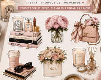Luxury Lifestyle Clipart PNG Bundle | 20 Individual Transparent PNG Files | Feminine Coquette Clip Art | Perfume, Handbag, Coffee, Flowers