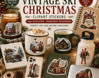 Vintage Ski Christmas Clipart Bundle, 15 Christmas PNGs, Après Ski Clip Art, Ski Lodge Christmas PNG, Winter Holiday Graphics