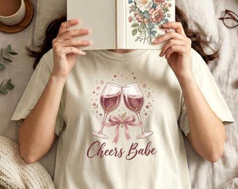 Cheers Babe Wine Shirt, Coquette Bow Graphic Tee, Girls Night Out Comfort Colors T-Shirt