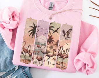 Vintage Flamingo Beach Scene Sweatshirt, Coastal Sunset Graphic Sweater
