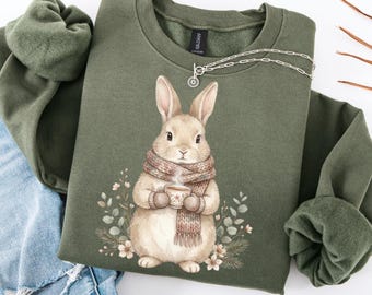 Cute Bunny Sweatshirt, Rabbit Crewneck, Tea Lover Gift, Woodland Animal Shirt, Spring Shirt