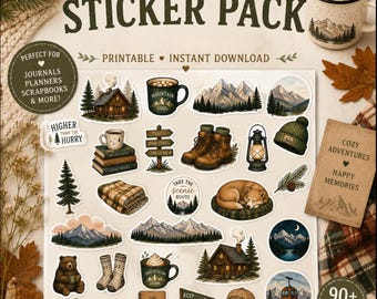 Cozy Mountain Stickers Printable, Cabin Hiking Camping Sticker Pack, Outdoor Adventure Stickers, Mountain Journal Planner Stickers