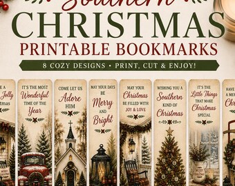 Southern Christmas Bookmarks Printable, 8 Christmas Bookmarks, Vintage Holiday Bookmarks, Book Lover Gift, Stocking Stuffer, PNG PDF