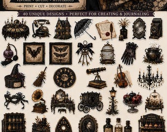 Spooky Halloween Fussy Cut Stickers | 40 Gothic Vintage Halloween Stickers | Witchy Scrapbook Stickers | Dark Academia Journal PNG