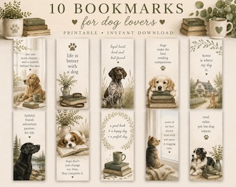 Puede incluir: Un conjunto de diez marcapáginas imprimibles con ilustraciones de varias razas de perros, libros y elementos naturales. Cada marcapáginas incluye texto como 'life is better with a dog', 'dogs make the best reading companions' y 'read, relax, pet the dog, repeat'.