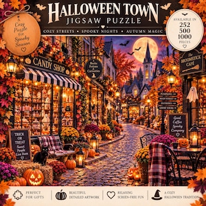 Puede incluir: Una caja de rompecabezas de Halloween Town con una calle empedrada al atardecer, una tienda de dulces, una cafetería y follaje otoñal. La escena incluye calabazas brillantes, gatos negros, fantasmas y una luna llena. El texto incluye Halloween Town Jigsaw Puzzle, Cozy Streets, Spooky Nights, Autumn Magic y está disponible en 252, 500, 1000 piezas.